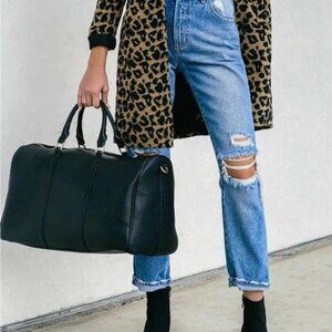 Black Vegan Leather Duffel Bag Travel Weekender Gym Bag with Shoulder Strap